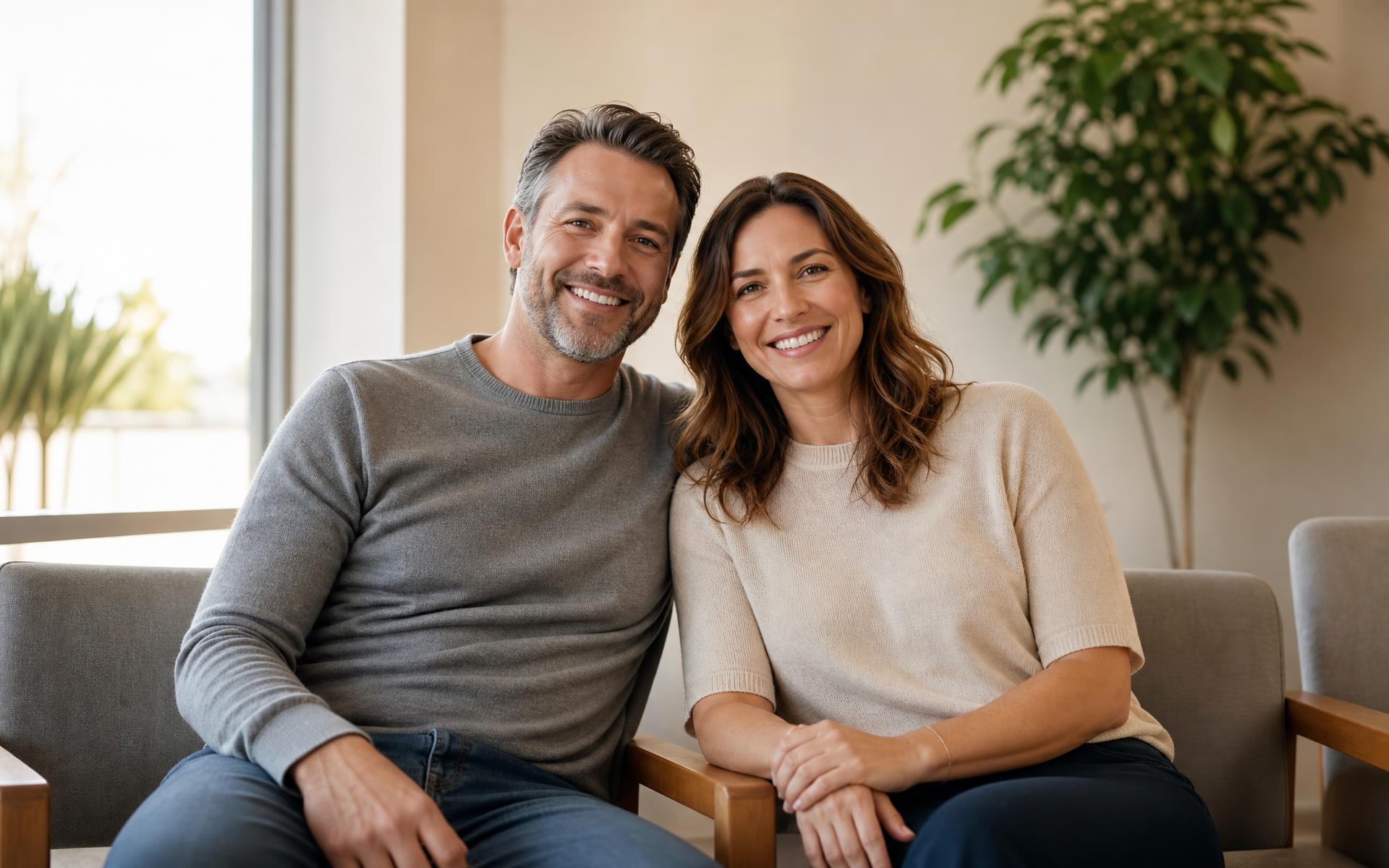 A happy couple relaxed and welcomed in the patient lounge at The Center for Dentistry of Vernon in Vernon Township, New Jersey