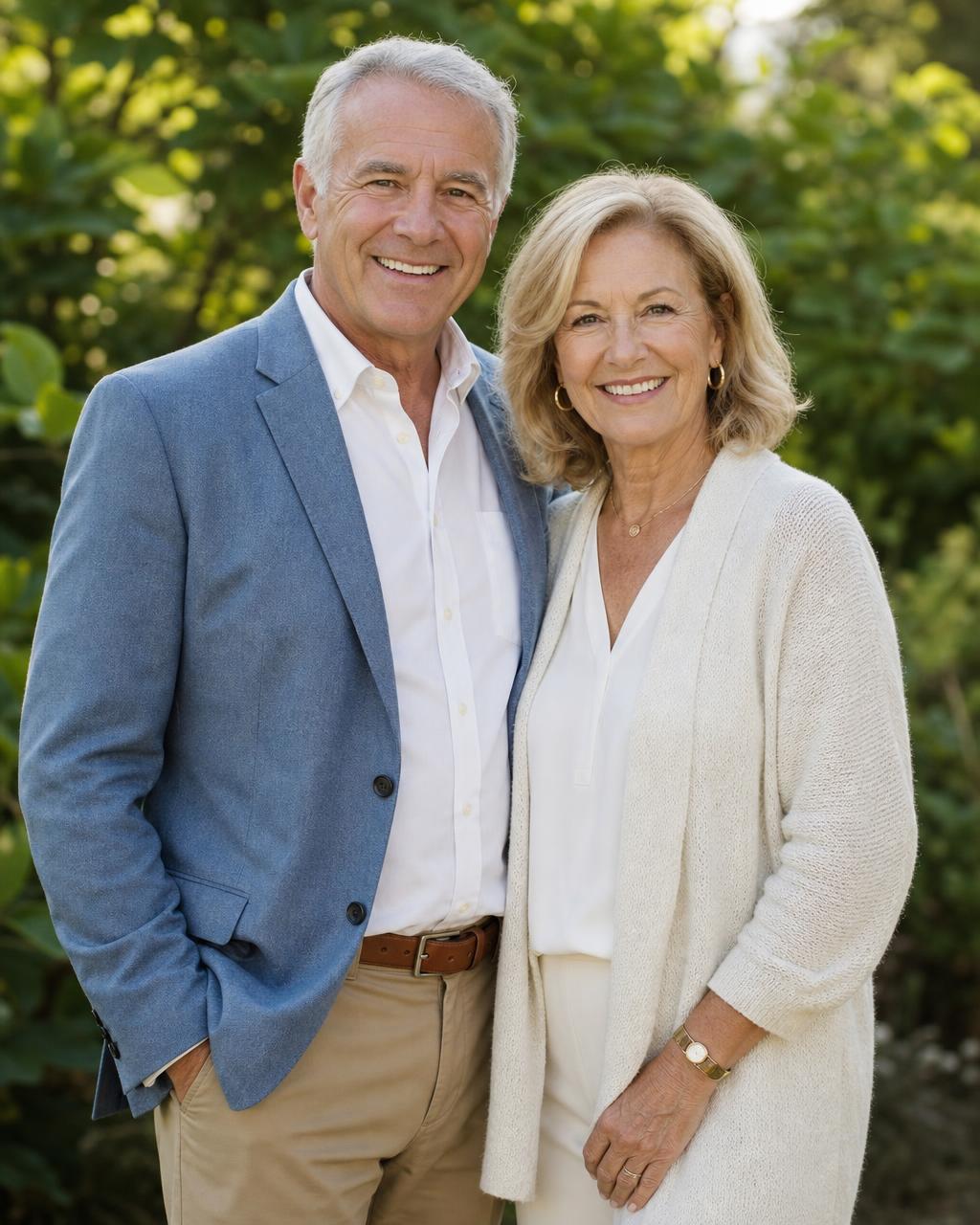 A confident older couple smiling warmly, dental implant patients of The Center for Dentistry of Vernon in Vernon Township, NJ