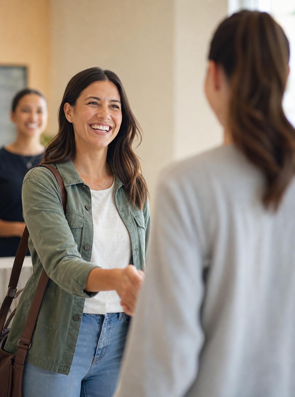 A patient arriving and being warmly welcomed with a smile at The Center for Dentistry of Vernon in Vernon Township, New Jersey